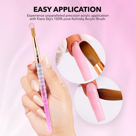 Kiara Sky brush beside fingers for scale showing ideal #10 size for small nail beds