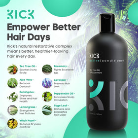 Kick label close-up listing tea tree peppermint and herbal extracts