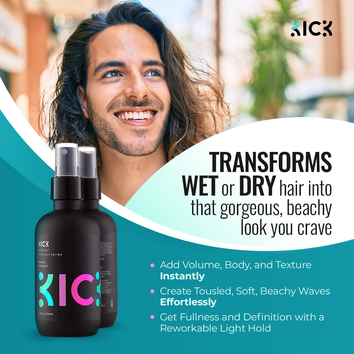 Kick close-up of spray texture droplets on hair for added natural grit and volume