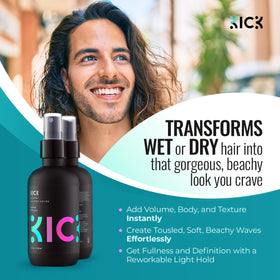 Kick close-up of spray texture droplets on hair for added natural grit and volume