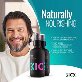 Kick ingredient label highlighting sea herbs, magnesium, and amino acids for color care