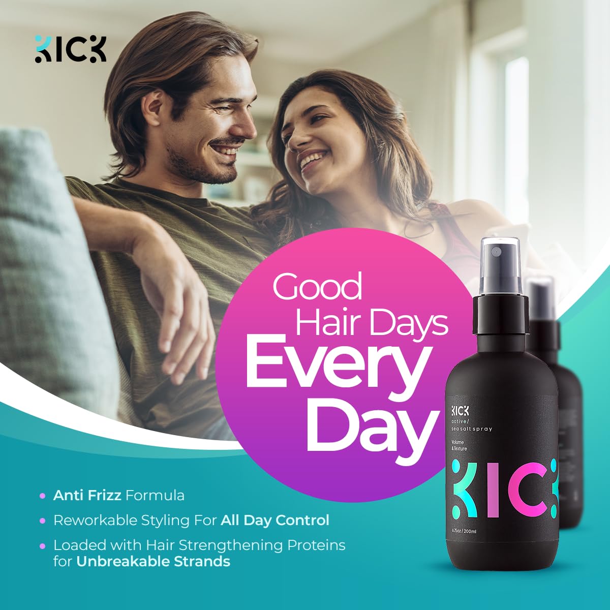 Kick spraying action mist on hair demonstrating lightweight application and instant texture