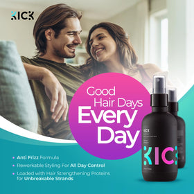 Kick spraying action mist on hair demonstrating lightweight application and instant texture