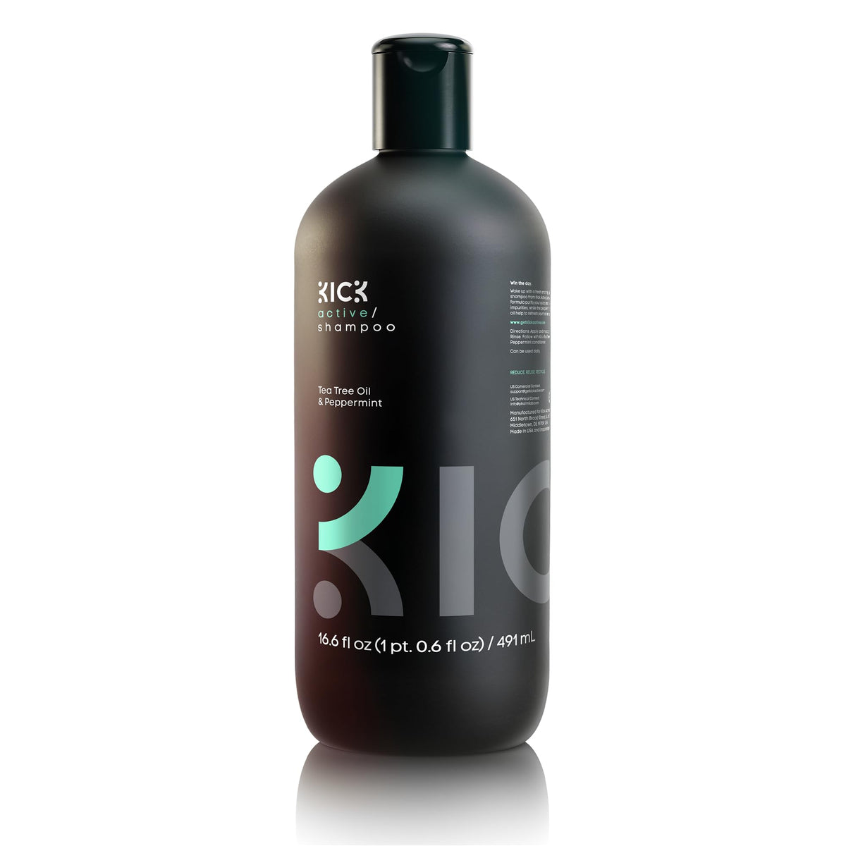 Kick shampoo front bottle showing peppermint tea tree and benefits