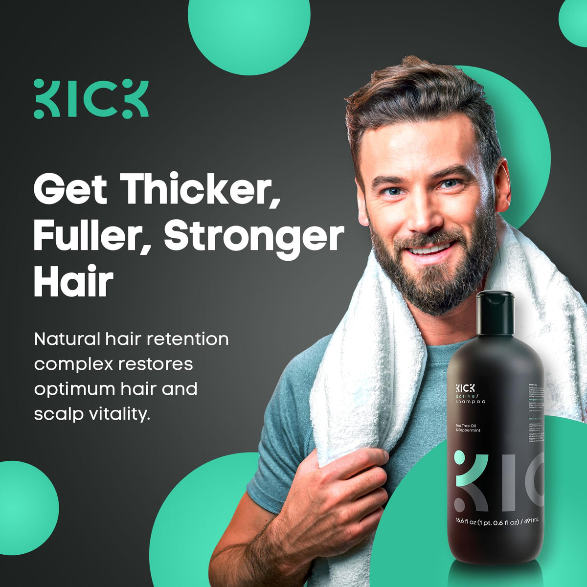 Kick shampoo label closeup highlighting ingredients and claims