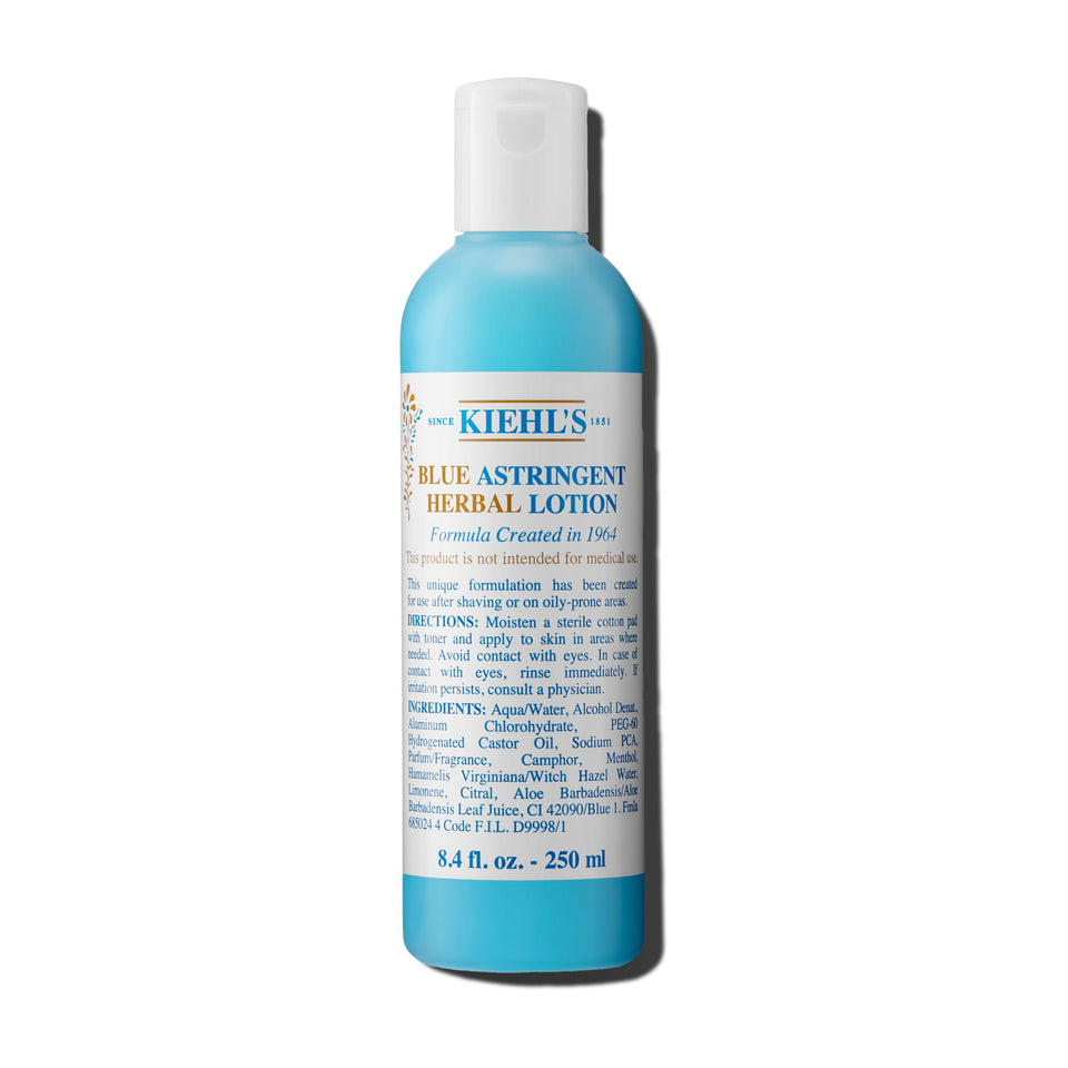 Kiehl's blue astringent front packaging showing clear bottle and label, conveys trust