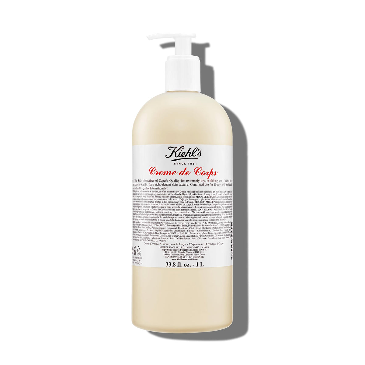 Kiehl's pump bottle front view showing large 1L size and label benefit