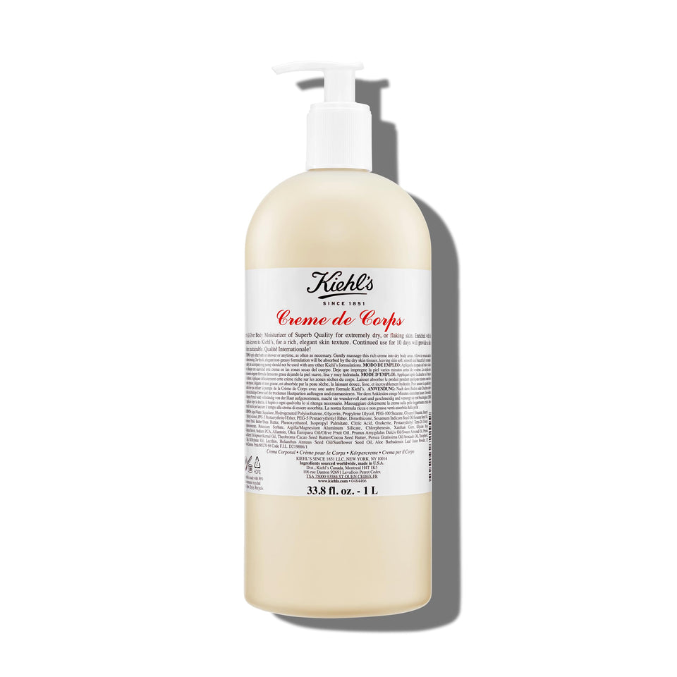 Kiehl's pump bottle front view showing large 1L size and label benefit