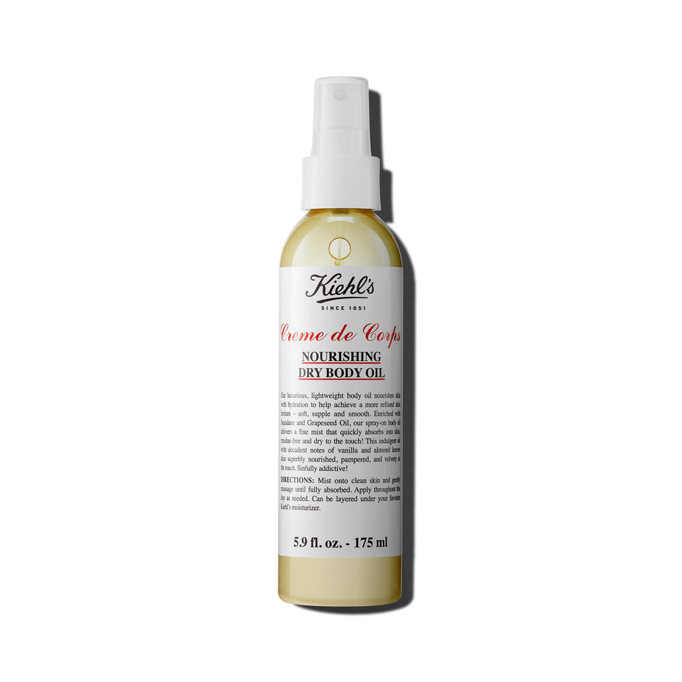 Kiehl's dry body oil front packaging shows bottle and label for easy identification and benefit