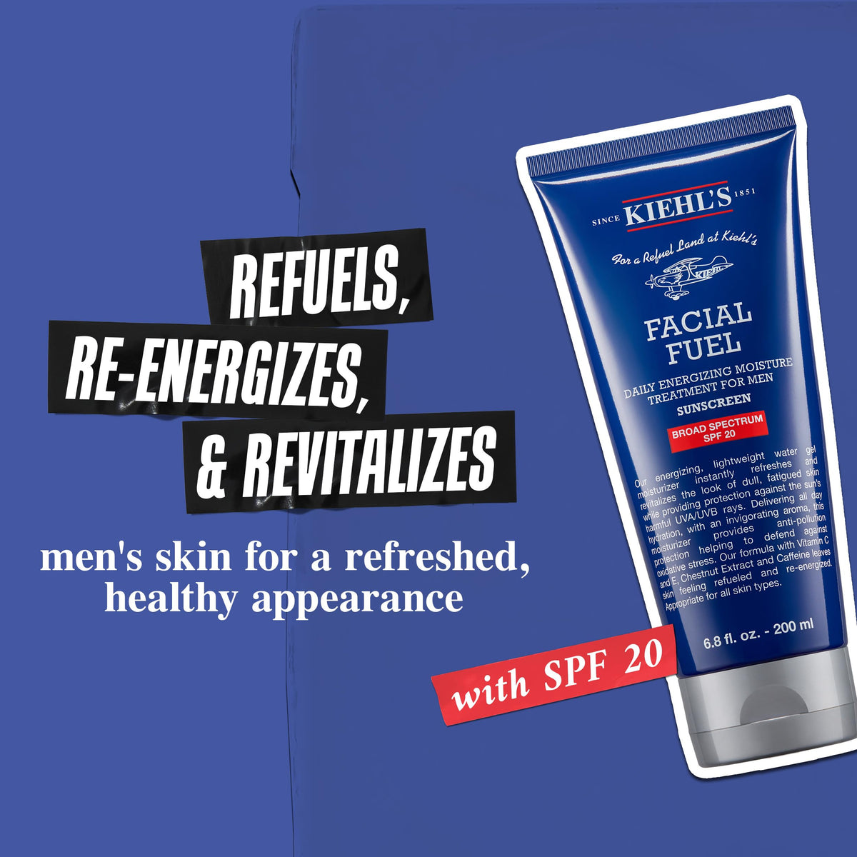 Kiehl's facial fuel applied on hand demonstrating quick non-greasy finish
