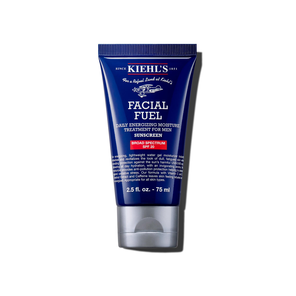 Kiehl's facial fuel front packaging showing SPF benefits and clean design