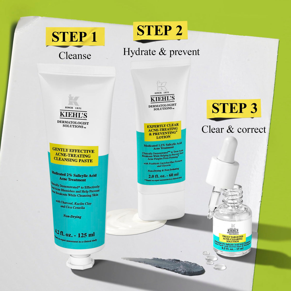 Kiehl's products flatlay on vanity showing organized acne routine benefit