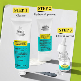 Kiehl's products flatlay on vanity showing organized acne routine benefit