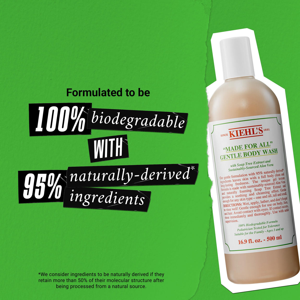 Kiehl's recycled-plastic bottle detail highlighting sustainable packaging benefit