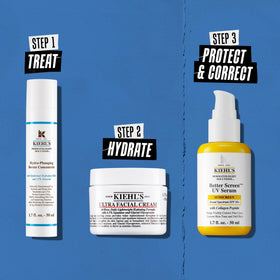 Kiehl's bottle on bathroom vanity suggesting daily routine and lifestyle benefit