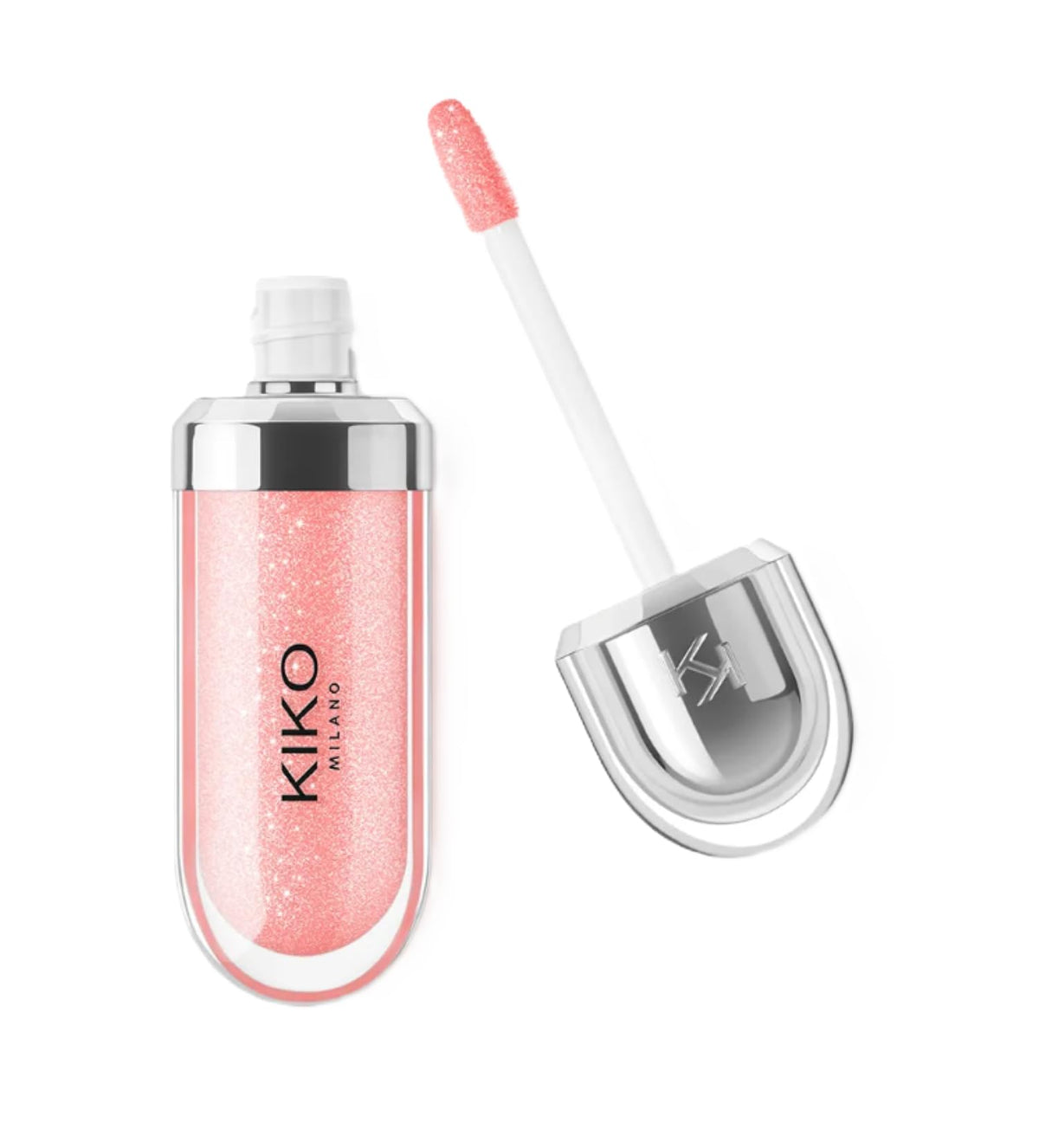 Kiko Milano lip gloss front tube showing sleek metallic cap and shade