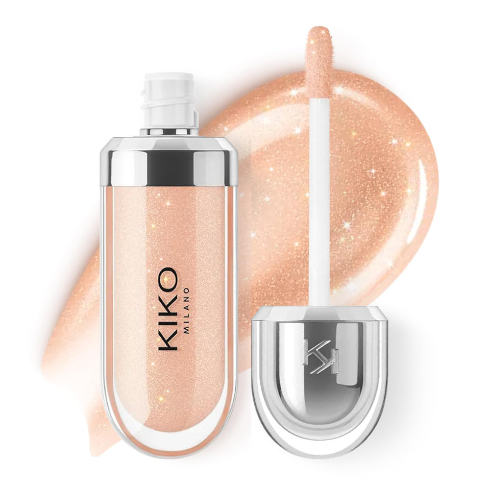 Kiko Milano gloss tube front view showing natural beige and metallic cap benefit