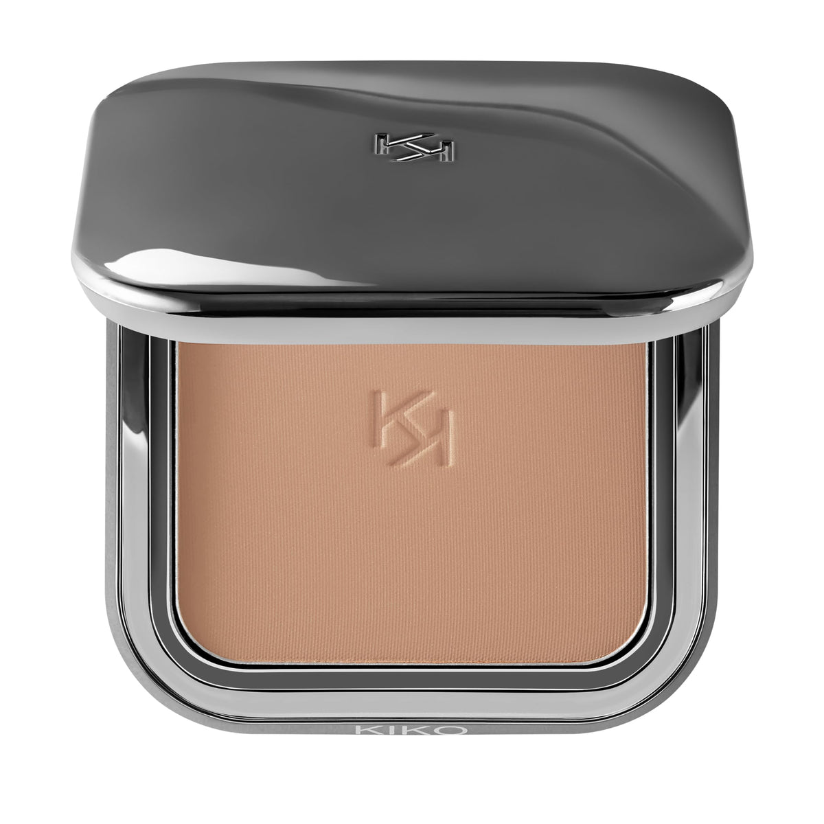 KIKO Milano compact front view showing gunmetal finish and magnetic closure benefit portability