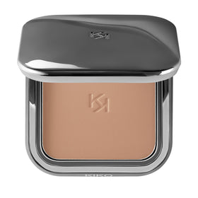 KIKO Milano compact front view showing gunmetal finish and magnetic closure benefit portability