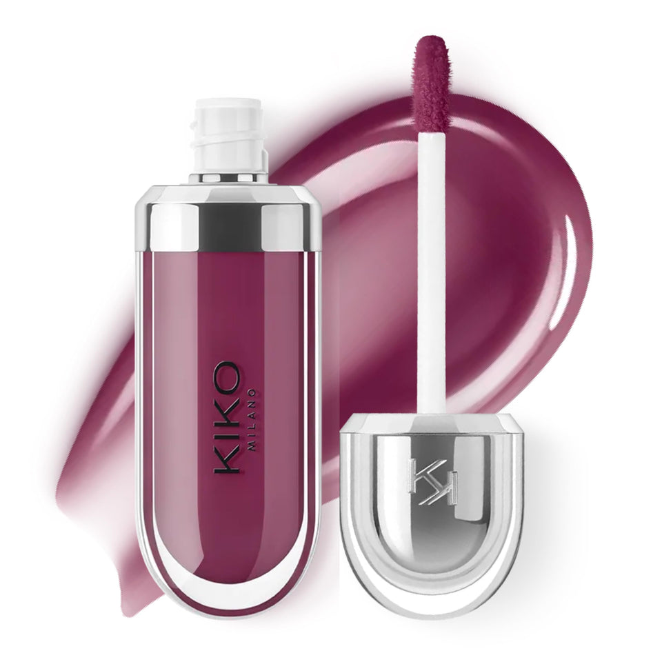 Kiko Milano front packaging showing Deep Purple shade and glossy finish benefit