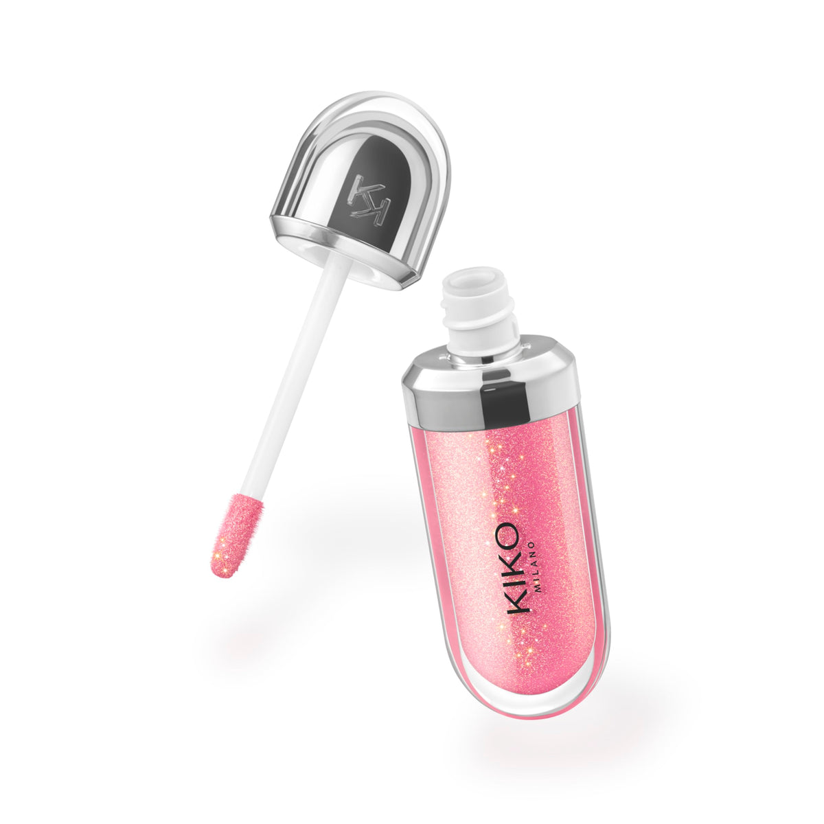 Kiko Milano lip swatch of Sparkling Hibiscus Pink showing luminous fuller-looking lips