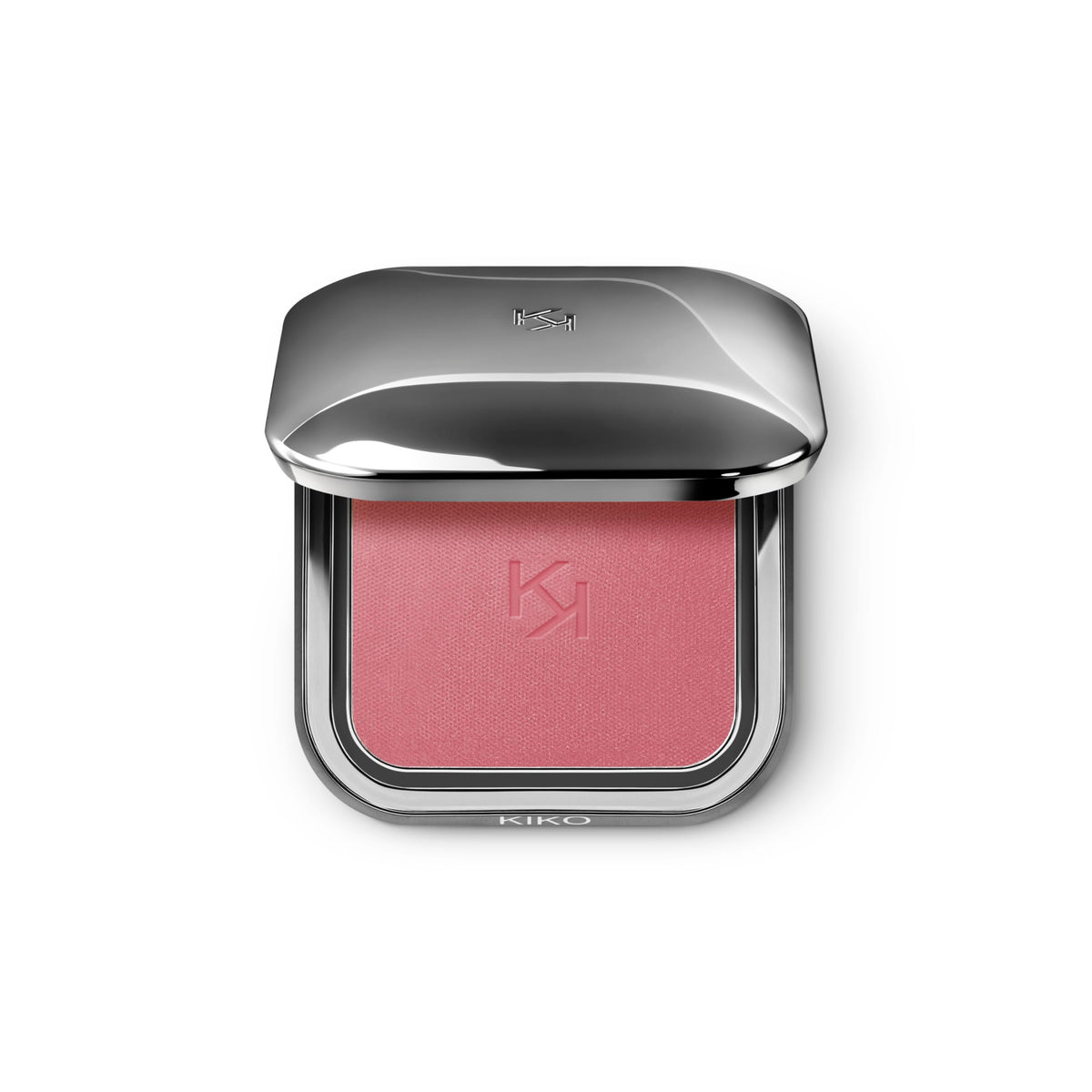KIKO Milano compact front view showing sleek gunmetal case and KK branding, premium portability