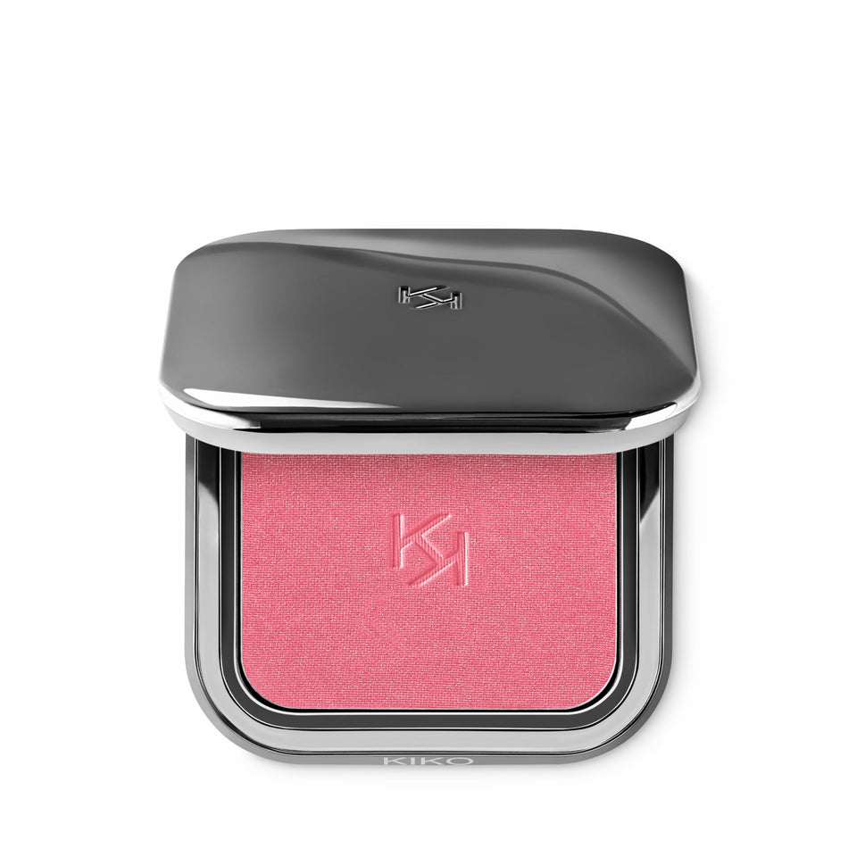 KIKO Milano compact front view showing sleek gunmetal case and mirrored lid for travel convenience