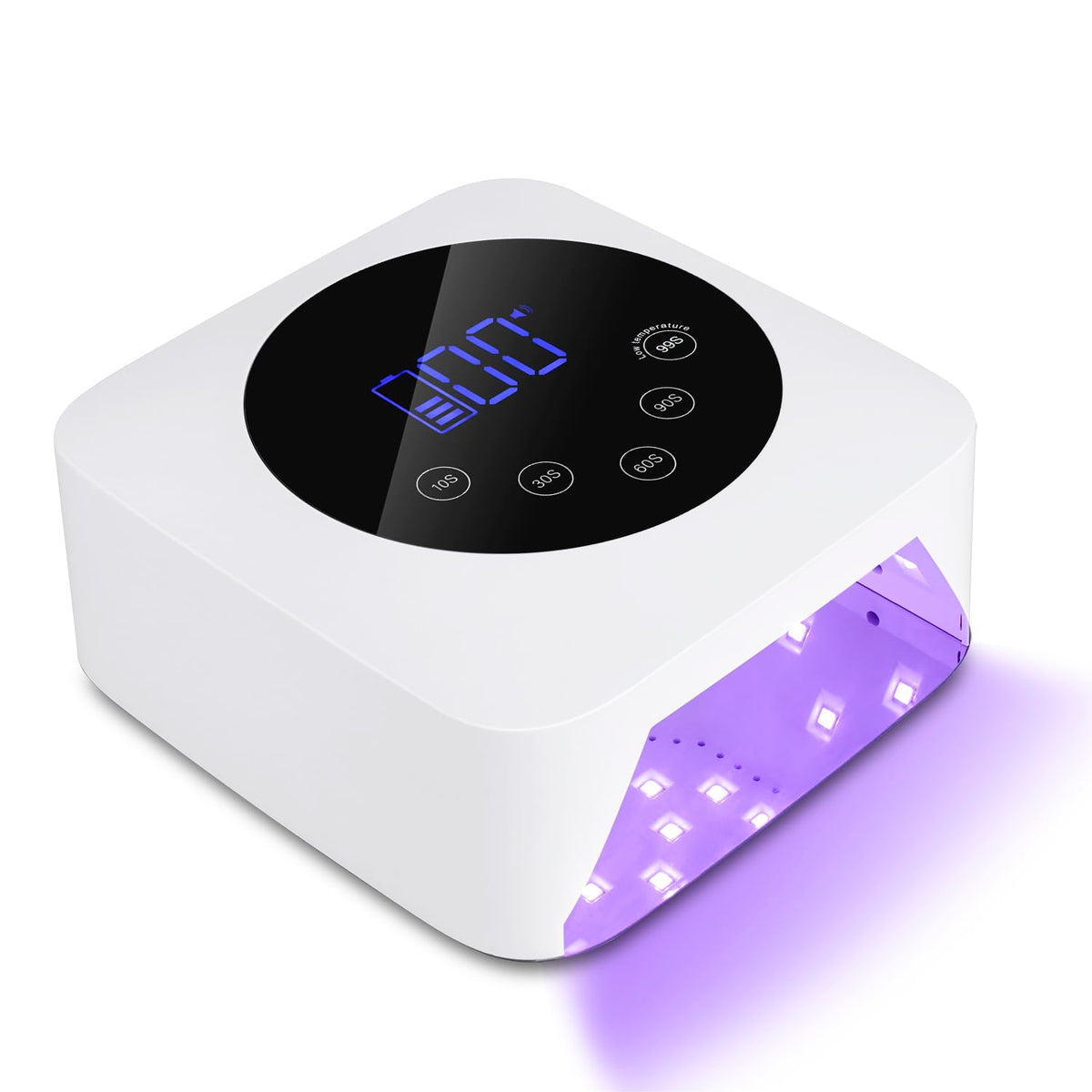 Kikugu front view of white cordless lamp showing spacious curing area and portability benefit