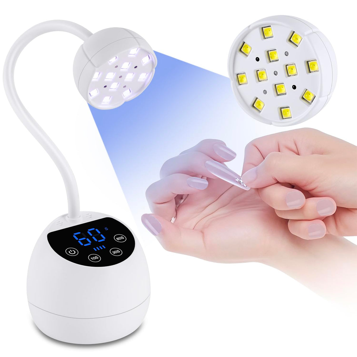 Kikugu front view of the cordless white UV nail lamp showing compact design and fast curing
