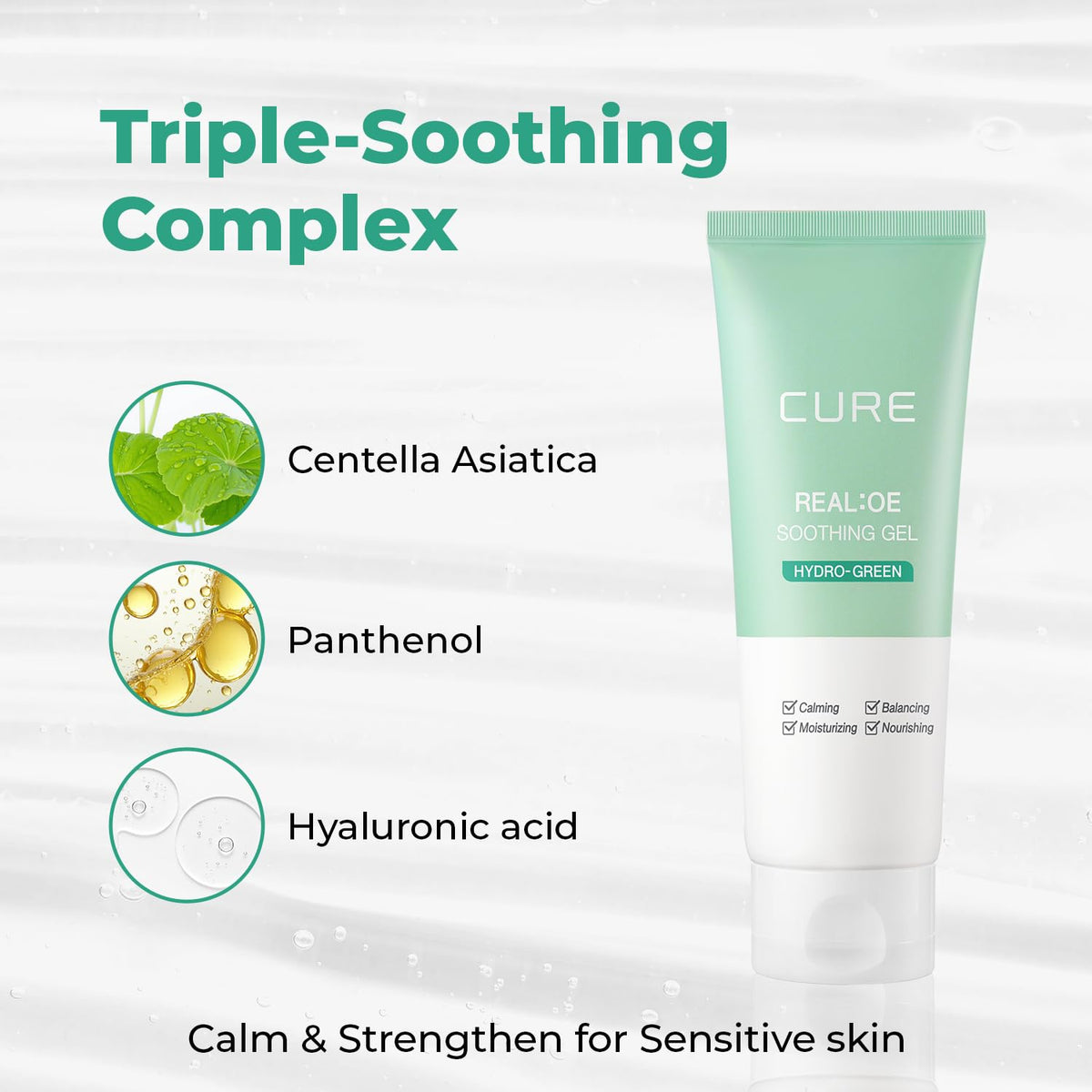 Kim Jeong Moon CURE aloe poured onto hand illustrating immediate cooling hydration