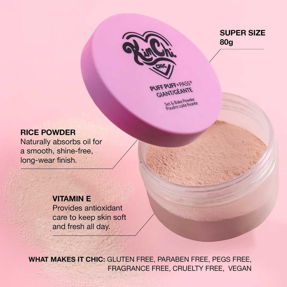 Model using KimChiChic powder to bake under eyes showing crease-free setting benefit