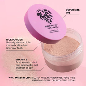 Model using KimChiChic powder to bake under eyes showing crease-free setting benefit