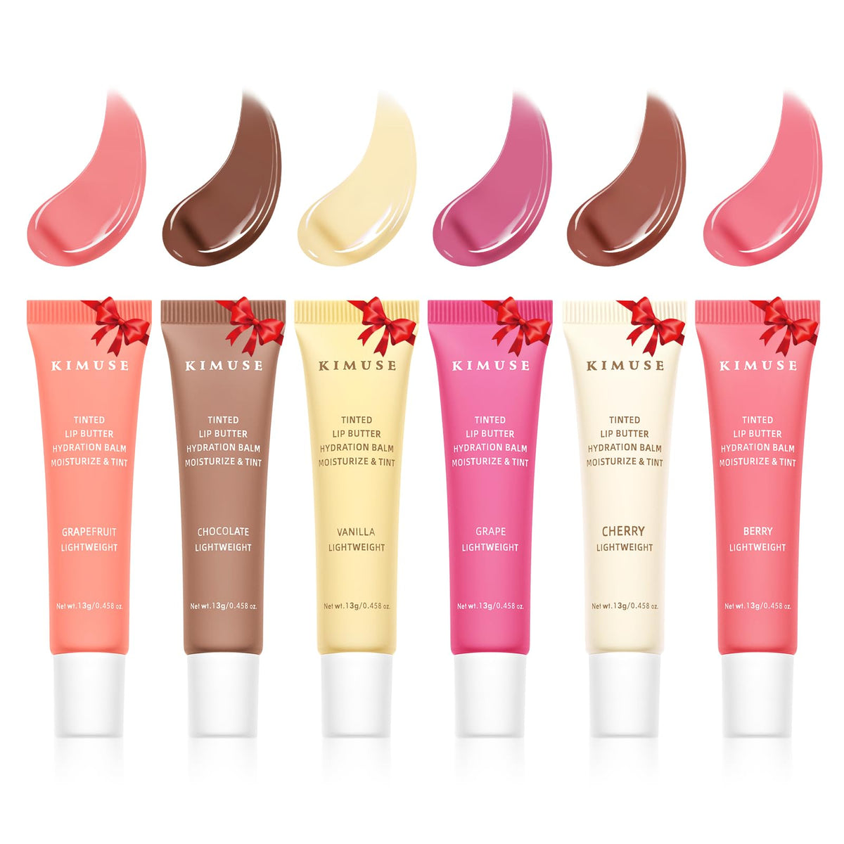 KIMUSE front packaging set showing six tinted lip butters and benefits