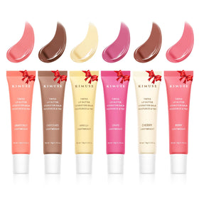 KIMUSE front packaging set showing six tinted lip butters and benefits