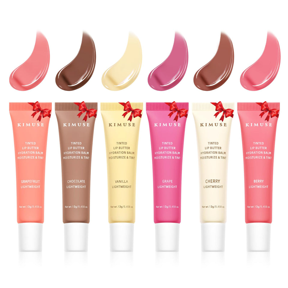 KIMUSE front packaging set showing six tinted lip butters and benefits