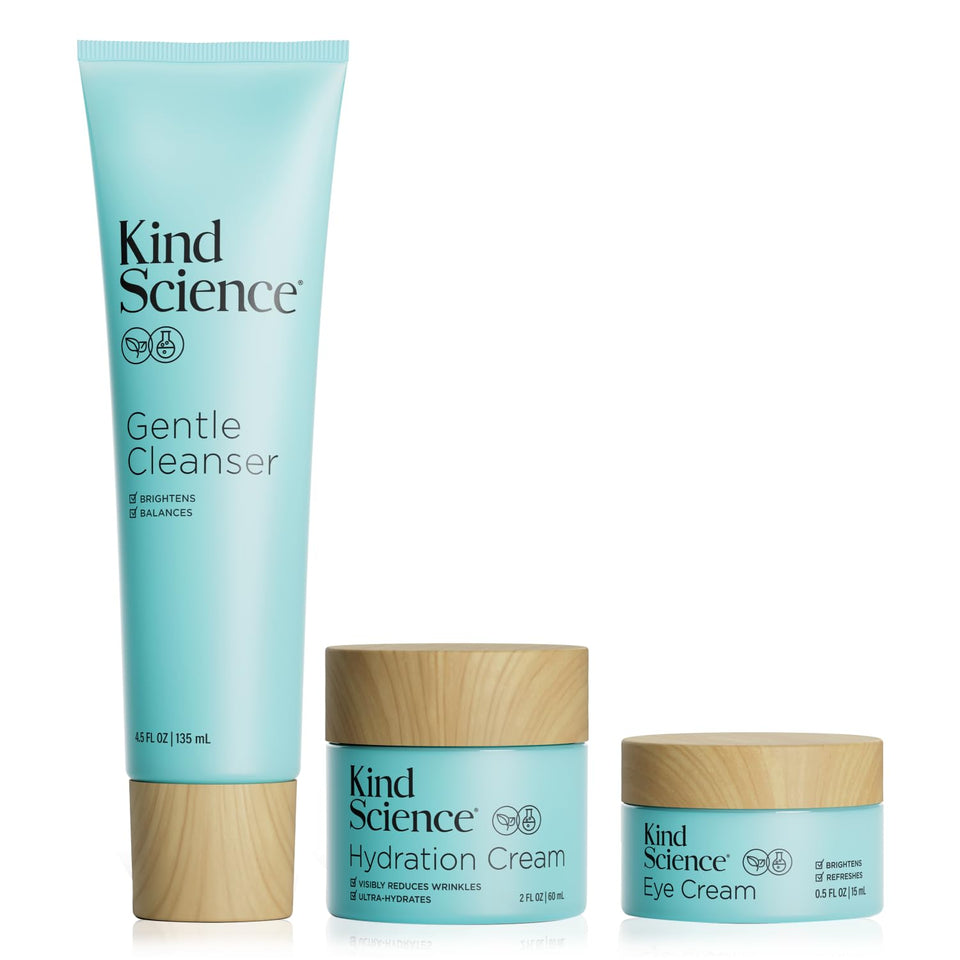 Kind Science front packaging trio displayed, shows cleanser, cream, eye cream and promotes gentle routine