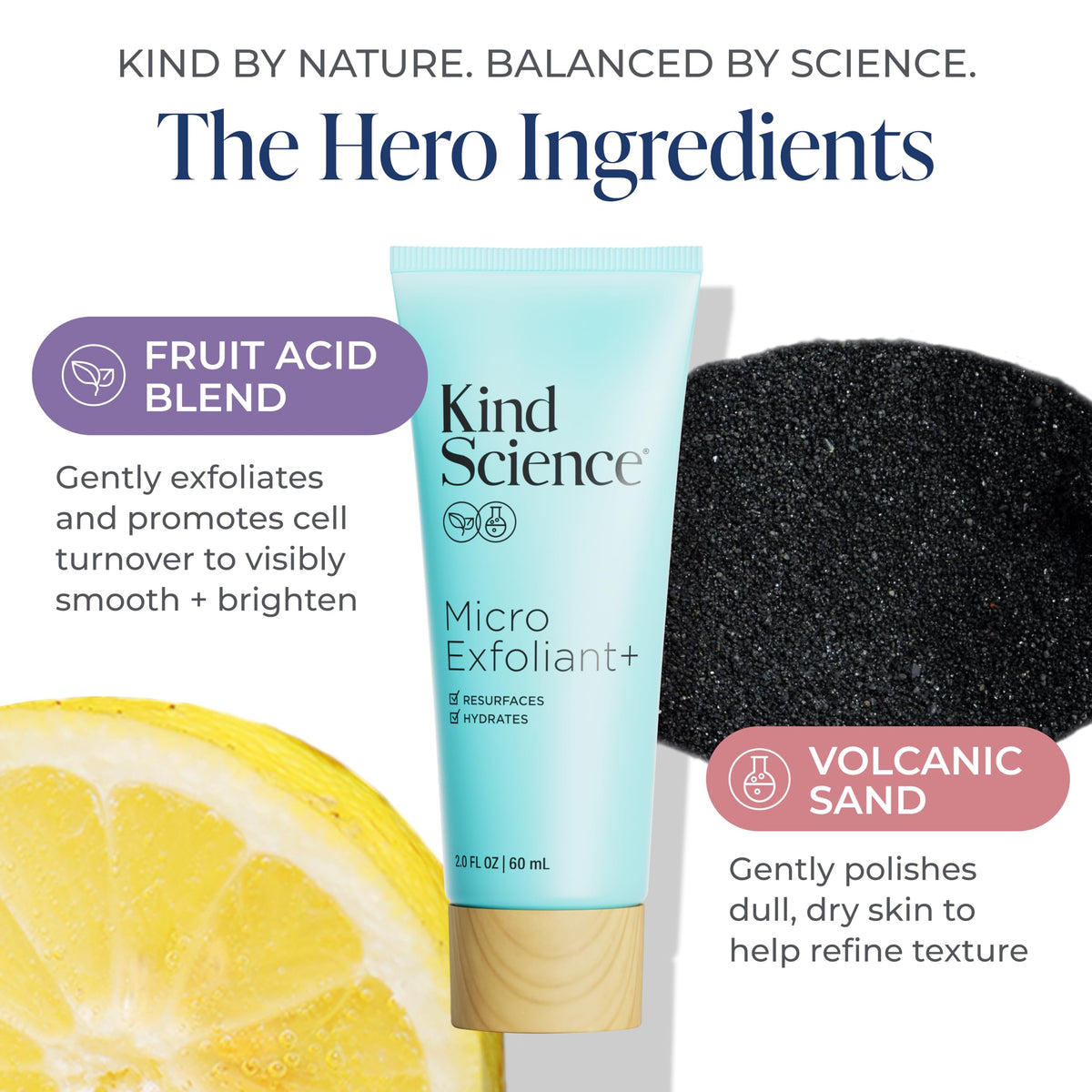 Kind Science product applied as a mask on cheek showing gentle resurfacing benefit