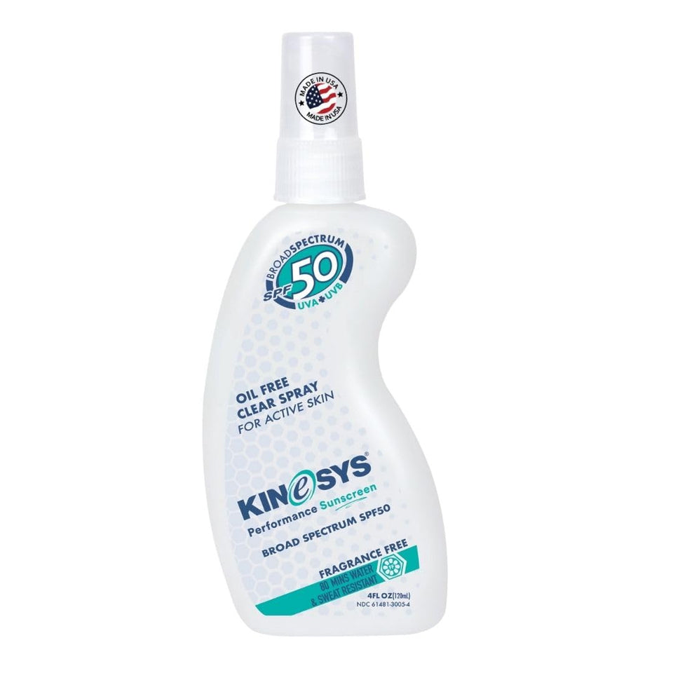 KINeSYS front packaging showing clear SPF 50 spray for travel convenience