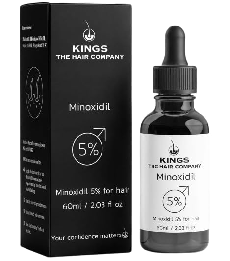 Kings The Hair Company front view of 5% minoxidil 60ml bottle showing label and benefit