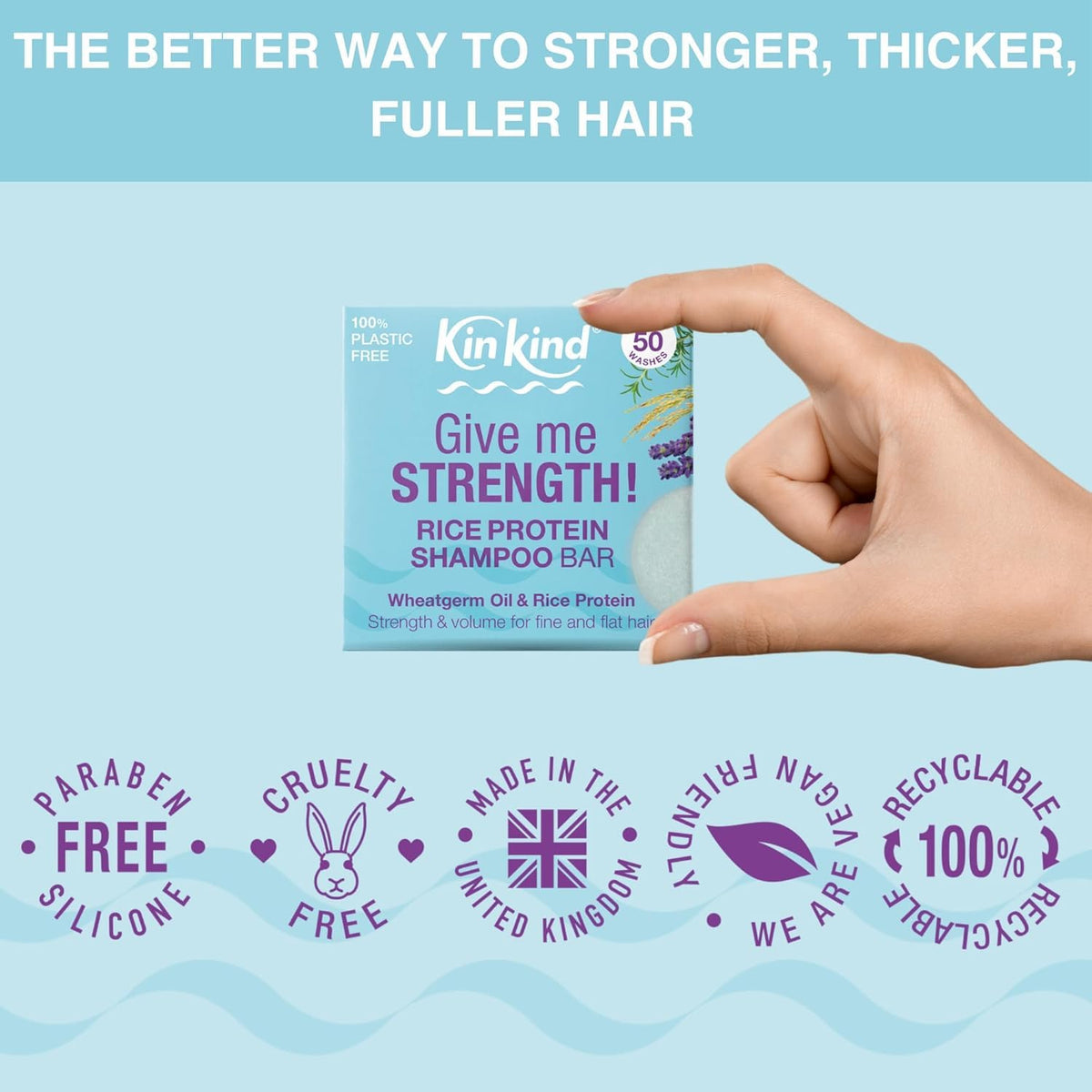 KinKind product label with rice protein and wheatgerm oil highlights for strength
