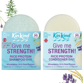 KinKind front packaging showing rice shampoo and conditioner bars, emphasizing plastic-free benefits
