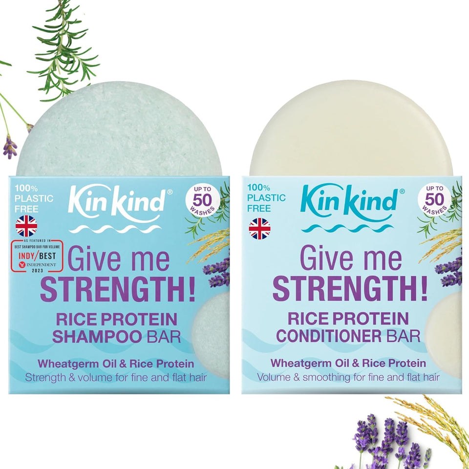 KinKind front packaging showing rice shampoo and conditioner bars, emphasizing plastic-free benefits