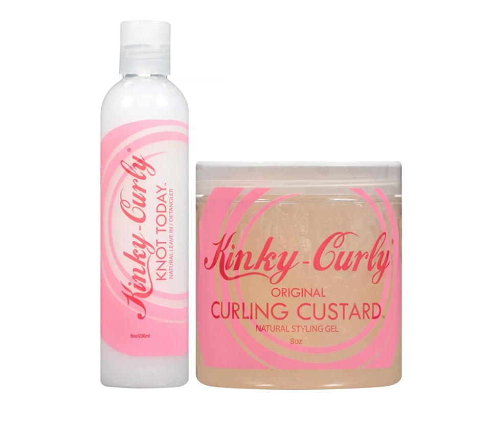 Kinky Curly front packaging duo showing both 8 oz bottles for easy identification and benefits