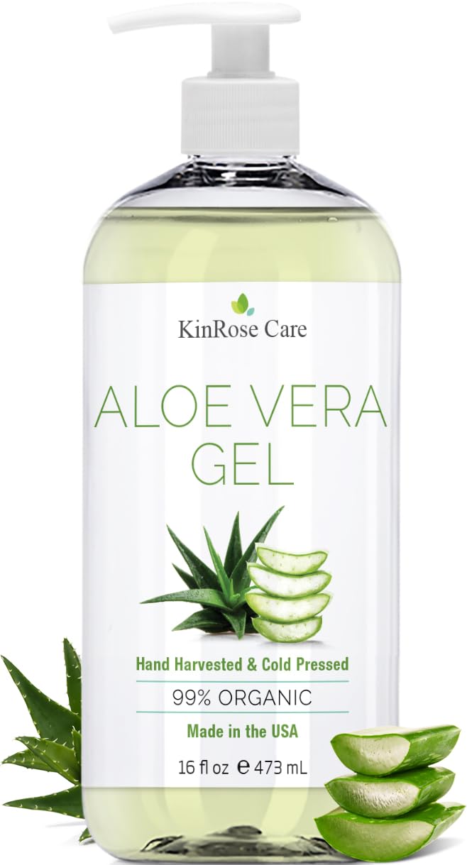KinRose Care front label showing 16oz bottle and clear aloe gel benefit