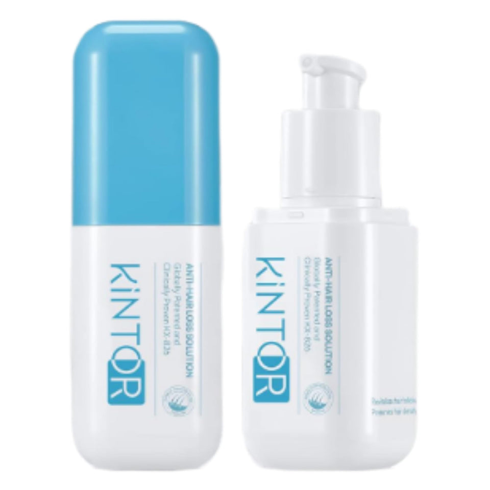 KINTOR front packaging showing bottle and claim for thicker-looking hair