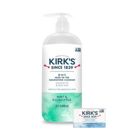 Kirk's front pump bottle showing size and easy dispensing benefit