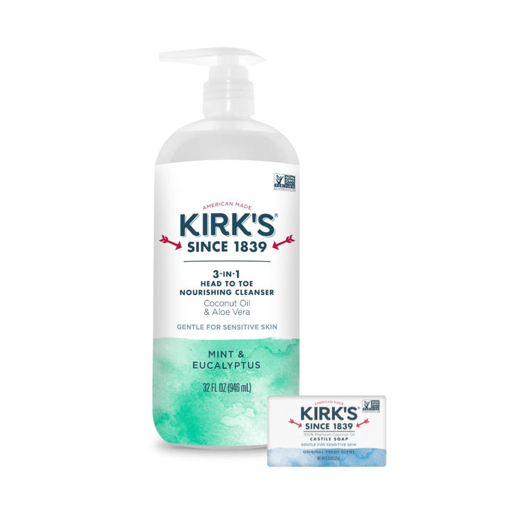 Kirk's front pump bottle showing size and easy dispensing benefit