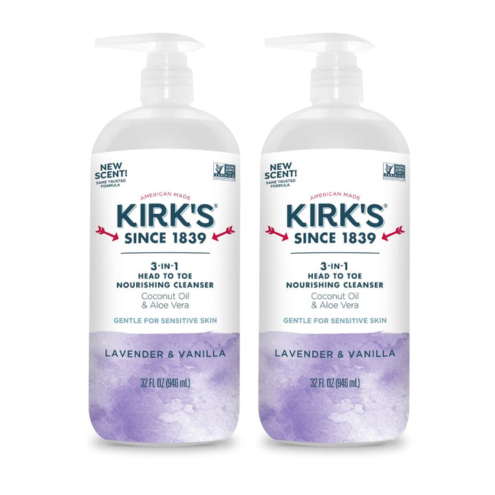 Kirk's front packaging 32oz pump showing product identity and simplicity