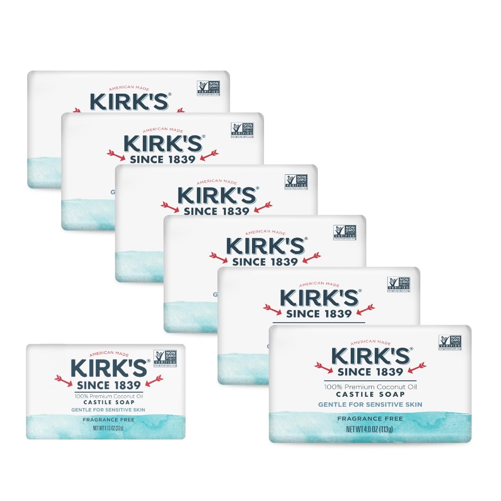 Kirk's front packaging of six 4 oz bars showing product benefits and clean formula