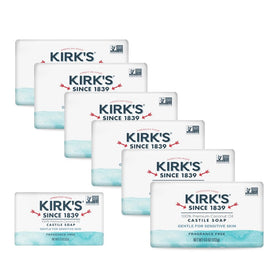 Kirk's front packaging of six 4 oz bars showing product benefits and clean formula